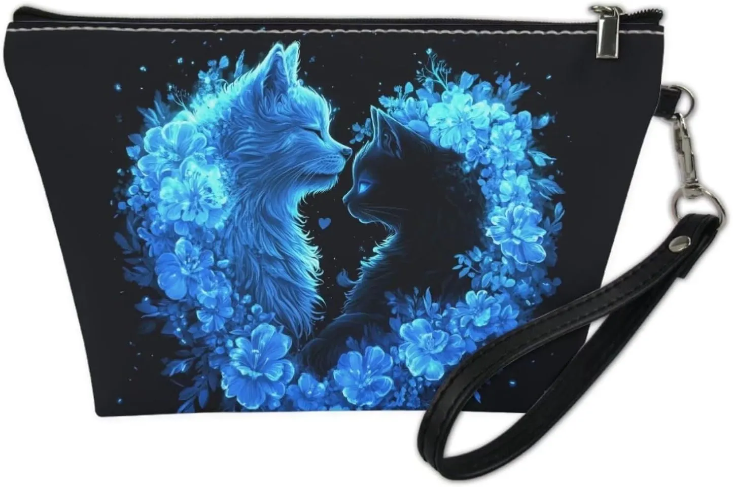 Howilath Blue Floral Cats Makeup Bags for Women Zipper Cosmetic Bags PU Leather Toiletry Storage Bag with Wrist Strap