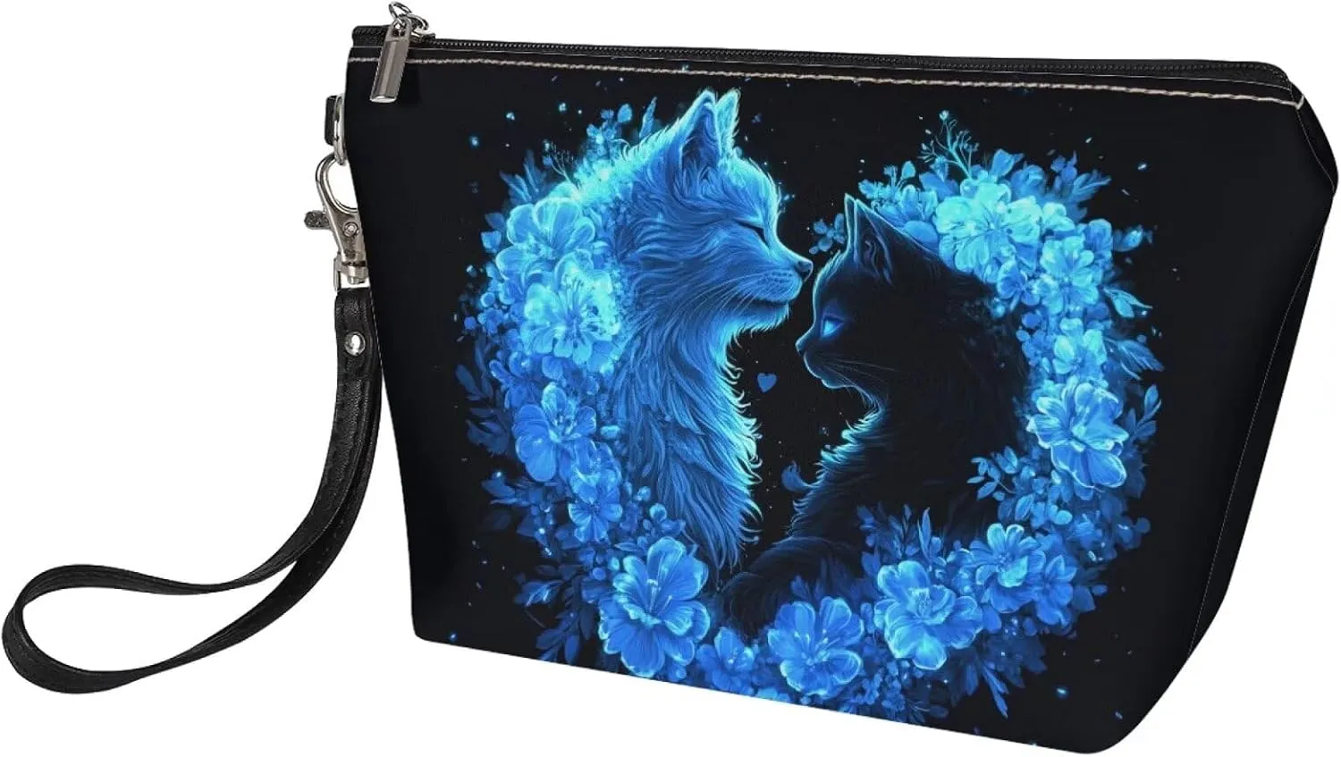 Howilath Blue Floral Cats Makeup Bags for Women Zipper Cosmetic Bags PU Leather Toiletry Storage Bag with Wrist Strap