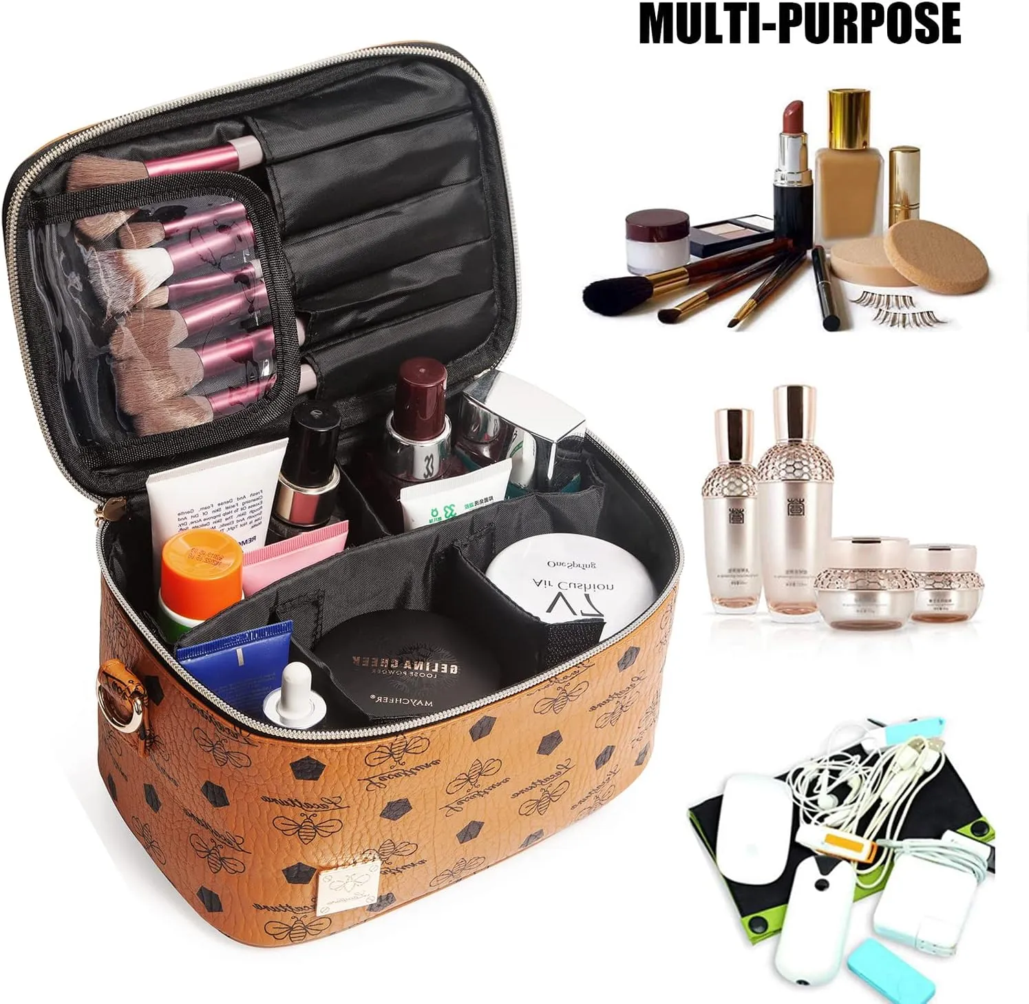 LACATTURA Travel Makeup Bag for Women, Leather Toiletry Bag, Cosmetic Case with Adjustable Divider, Portable Make Up Organizer, Brush Holder with Shoulder Strap, Beauty Storage Bags for Girls, Brown