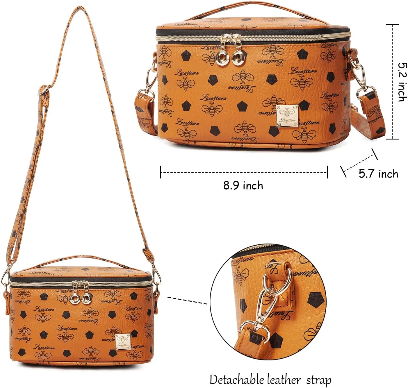 LACATTURA Travel Makeup Bag for Women, Leather Toiletry Bag, Cosmetic Case with Adjustable Divider, Portable Make Up Organizer, Brush Holder with Shoulder Strap, Beauty Storage Bags for Girls, Brown