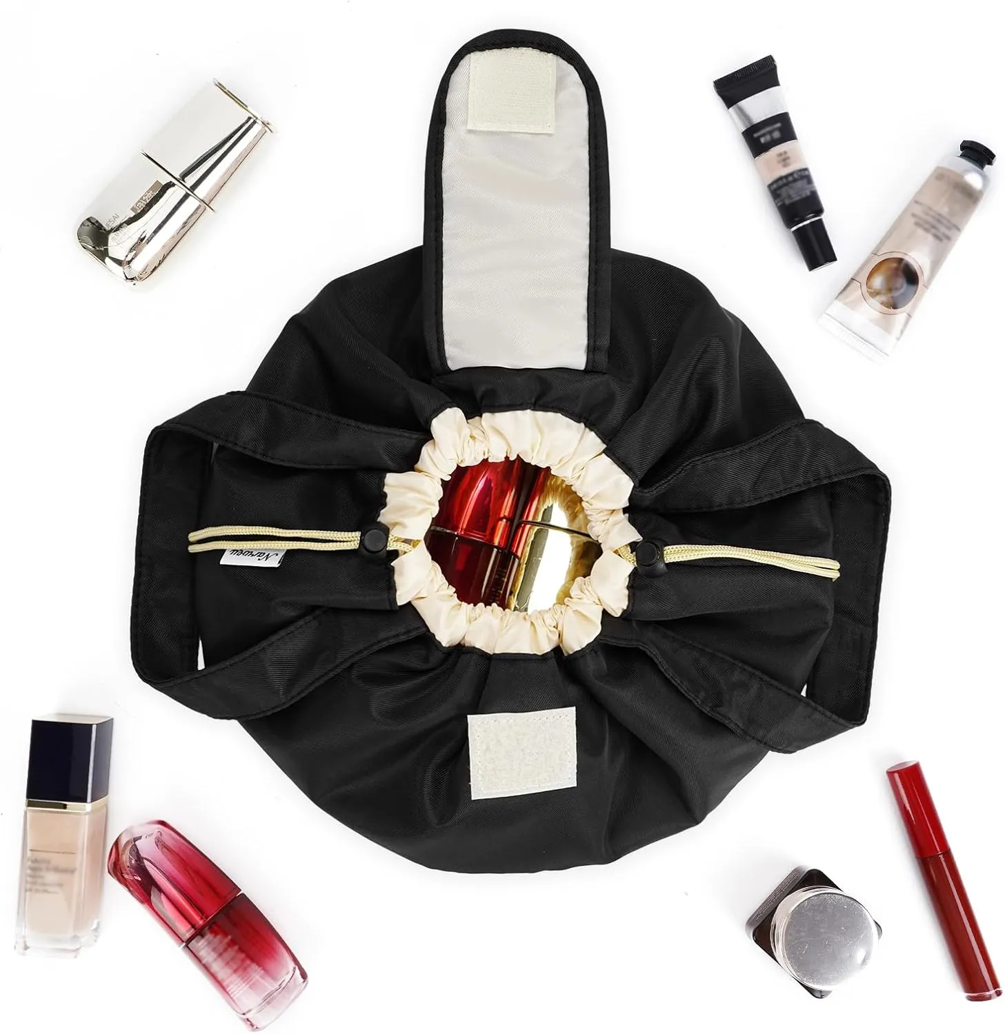 Narwey Barrel Drawstring Makeup Bag Large Cosmetic Bag Make up Bags Women and Girls Toiletry Organizer for Travel Toiletries Accessories Essentials (Black) (Patent)