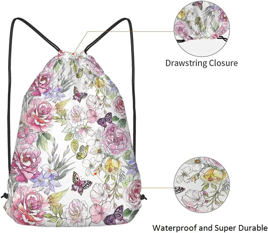 Peonies Drawstring Bags Backpack Bag Summer Spring Watercolor Flower Roses Butterflies Green Leaf Colorful Sport Gym Sack Drawstring Bag String Bag Yoga Bag for Men Women