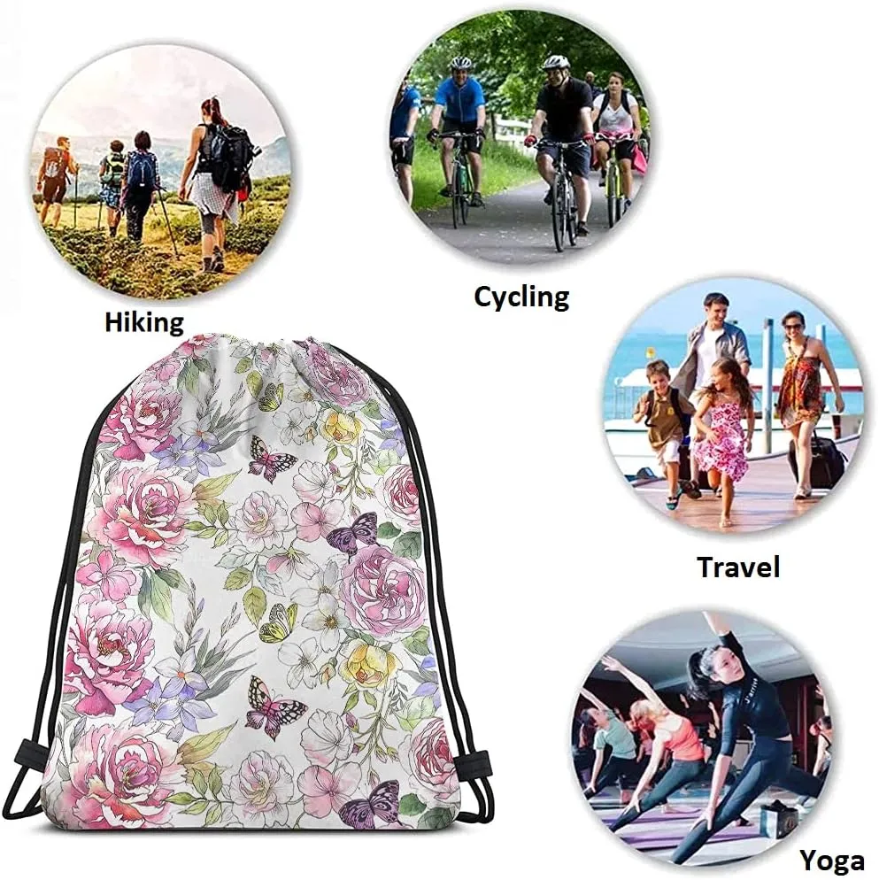 Peonies Drawstring Bags Backpack Bag Summer Spring Watercolor Flower Roses Butterflies Green Leaf Colorful Sport Gym Sack Drawstring Bag String Bag Yoga Bag for Men Women