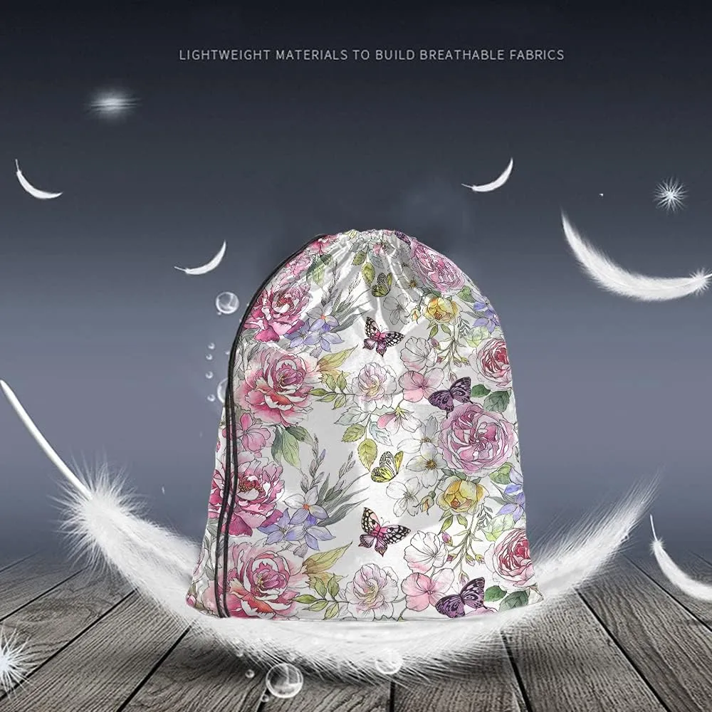 Peonies Drawstring Bags Backpack Bag Summer Spring Watercolor Flower Roses Butterflies Green Leaf Colorful Sport Gym Sack Drawstring Bag String Bag Yoga Bag for Men Women