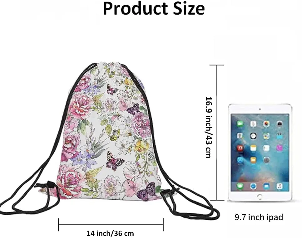 Peonies Drawstring Bags Backpack Bag Summer Spring Watercolor Flower Roses Butterflies Green Leaf Colorful Sport Gym Sack Drawstring Bag String Bag Yoga Bag for Men Women
