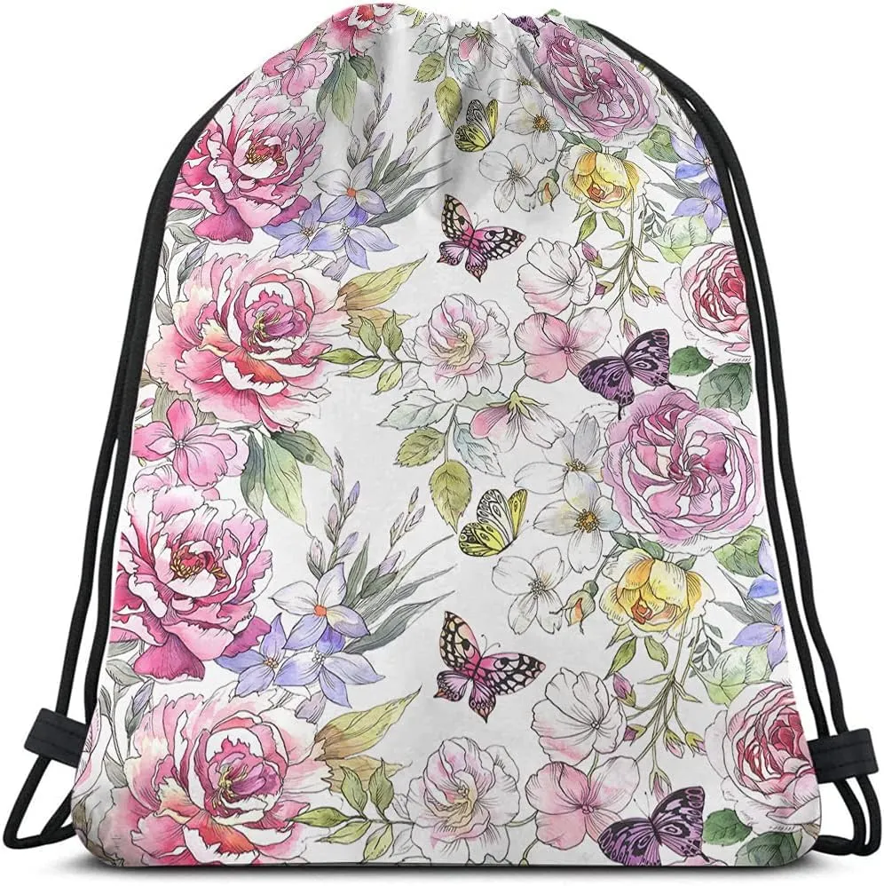 Peonies Drawstring Bags Backpack Bag Summer Spring Watercolor Flower Roses Butterflies Green Leaf Colorful Sport Gym Sack Drawstring Bag String Bag Yoga Bag for Men Women