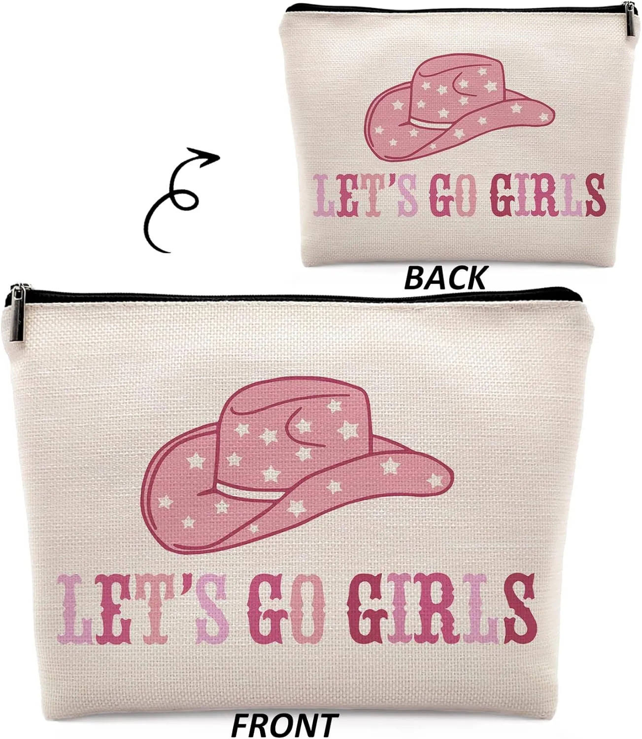 Preppy Western Cowgirl Hat Hot Pink Makeup Cosmetic Bag, Let's Go Girls Inspirational Linen Makeup Travel Toiletry Bag, Cowgirl Preppy Aesthetic Cosmetic Bag Gifts For Teen Girls Women
