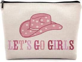 Preppy Western Cowgirl Hat Hot Pink Makeup Cosmetic Bag, Let's Go Girls Inspirational Linen Makeup Travel Toiletry Bag, Cowgirl Preppy Aesthetic Cosmetic Bag Gifts For Teen Girls Women