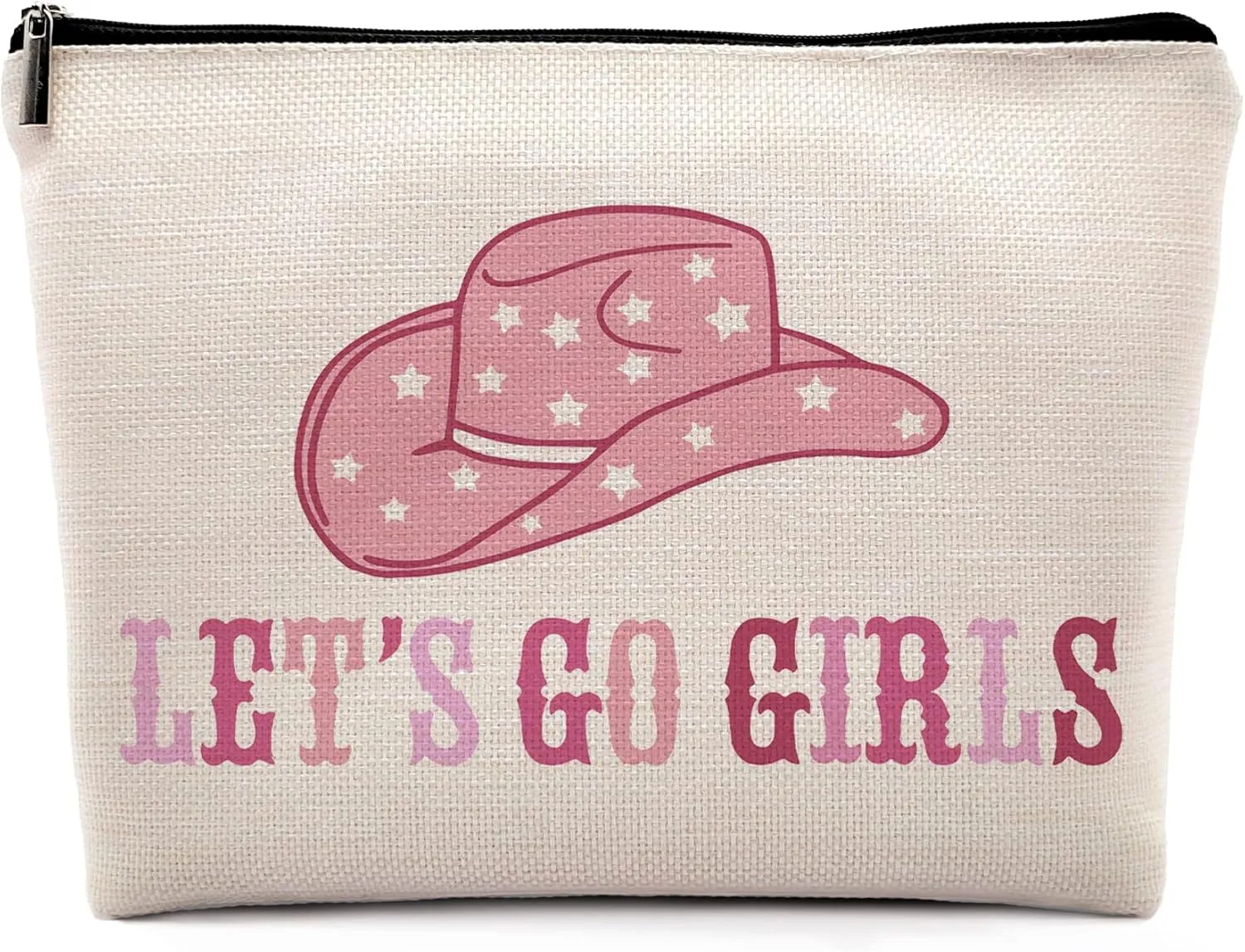 Preppy Western Cowgirl Hat Hot Pink Makeup Cosmetic Bag, Let's Go Girls Inspirational Linen Makeup Travel Toiletry Bag, Cowgirl Preppy Aesthetic Cosmetic Bag Gifts For Teen Girls Women