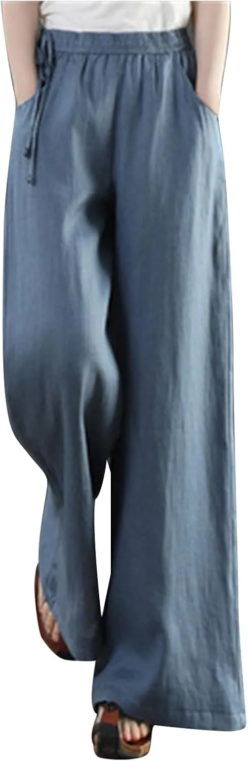 PTOLOCIF Womens Casual Linen Pants High Waisted Long Palazzo Pants Wide Leg Cotton Linen Lounge Pant Trousers with Pockets