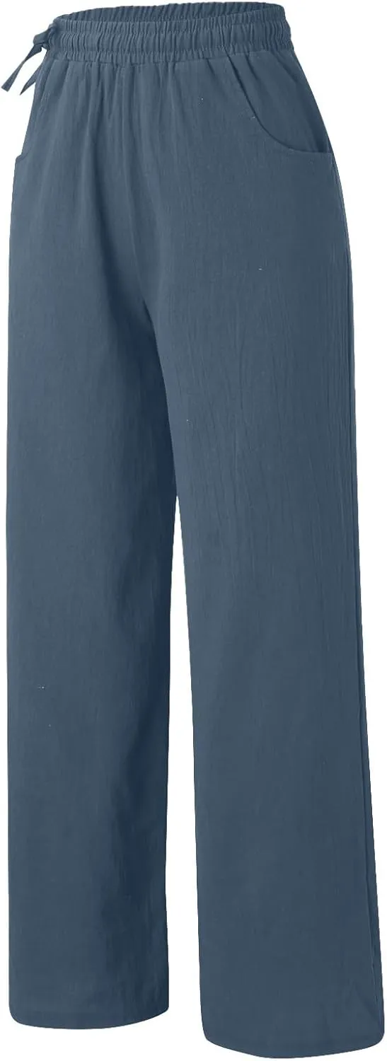 PTOLOCIF Womens Casual Linen Pants High Waisted Long Palazzo Pants Wide Leg Cotton Linen Lounge Pant Trousers with Pockets