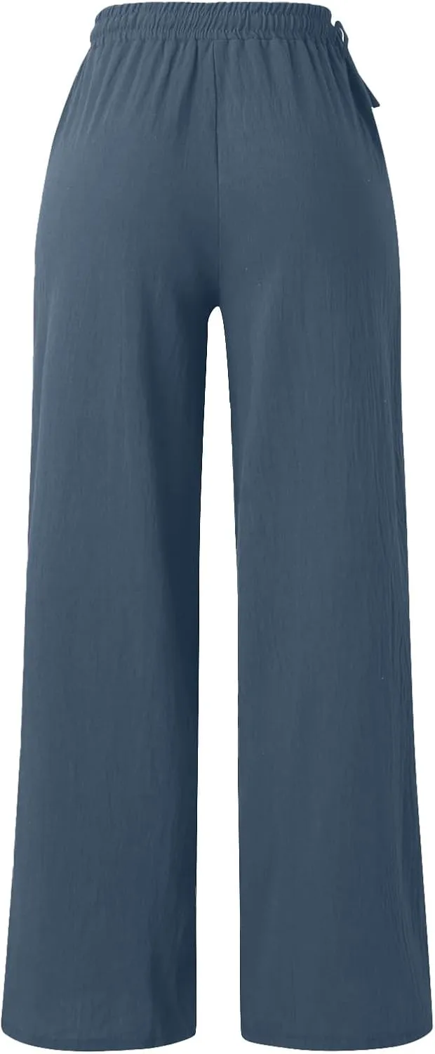 PTOLOCIF Womens Casual Linen Pants High Waisted Long Palazzo Pants Wide Leg Cotton Linen Lounge Pant Trousers with Pockets