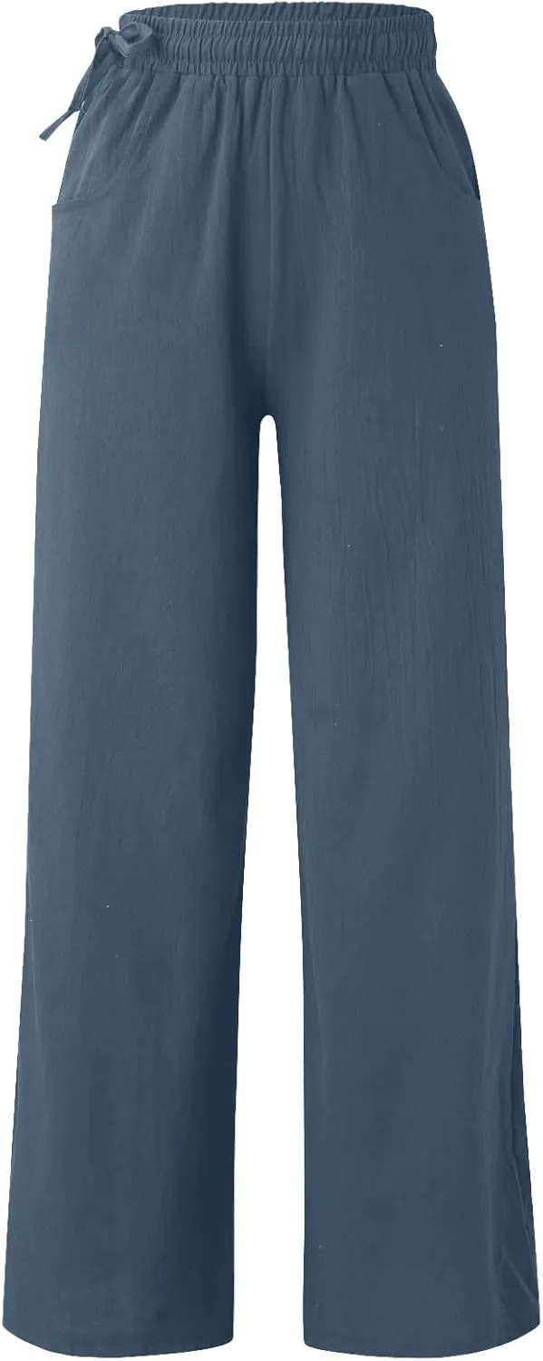 PTOLOCIF Womens Casual Linen Pants High Waisted Long Palazzo Pants Wide Leg Cotton Linen Lounge Pant Trousers with Pockets