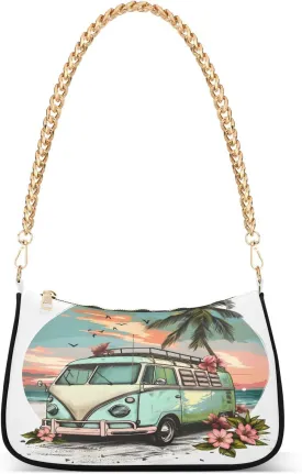 Shoulder Bags for Women Retro Van with White Sand Beach and Sunset Background with Coconut Trees Hobo Tote Handbag Small Clutch Purse with Zipper Closure