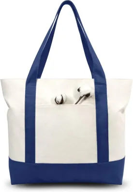 TOPDesign 3-Pack Canvas Tote Bags with an External Pocket, Reusable Grocery Shopping Bags, Top Zipper Closure, Daily Essentials (Blue/Natural)