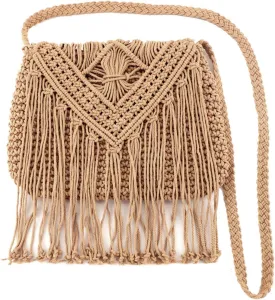 Van Caro Handwoven Cotton Straw Shoulder Bag Crochet Tassel Beach Bohemian Purse for Women