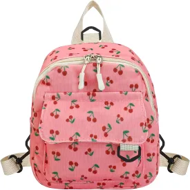 Womens Backpack, Small Backpack Corduroy Backpack for Women and Girls, Cute Mini Backpacks with Cherries Prints (rose)