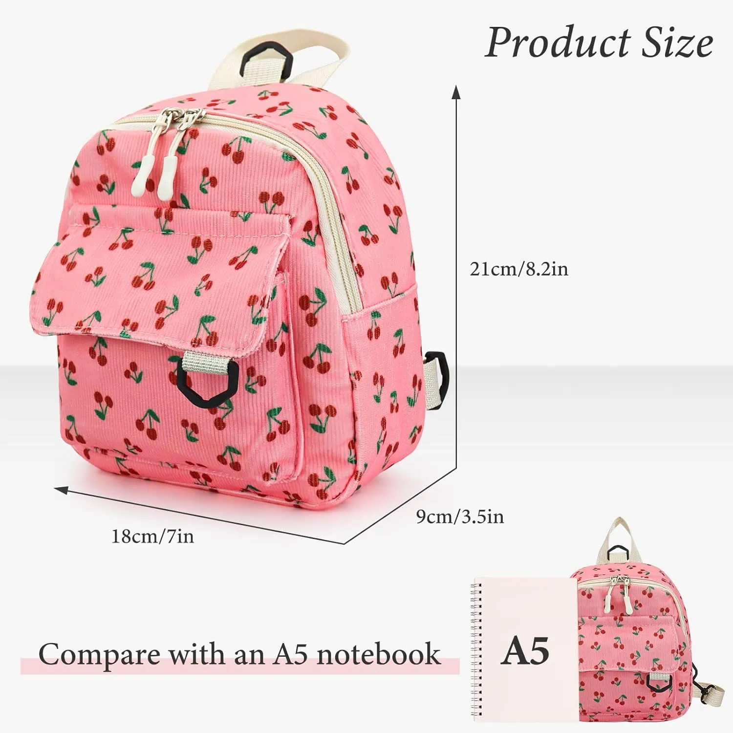 Womens Backpack, Small Backpack Corduroy Backpack for Women and Girls, Cute Mini Backpacks with Cherries Prints (rose)