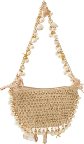 Women's Straw Woven Clutch Purse Summer Beach Pearl Conch Starfish Vocation Bag (Shell Shape)